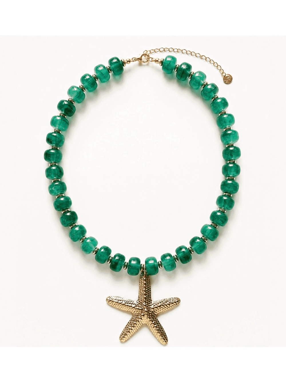 Gold Starfish Charm Green Bead Necklace